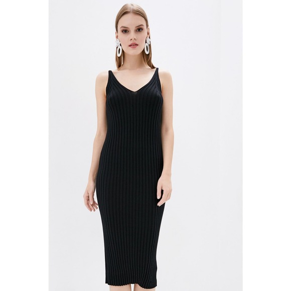 DASTI Knit Black Dress Ribbed Bodycon Midi Sweater Sleeveless V-Neck Knitted - Picture 4 of 6